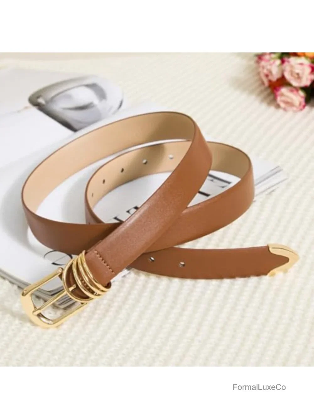 Faux Leather Thin Belt with Gold Buckle Skinny Waist Belt for Women